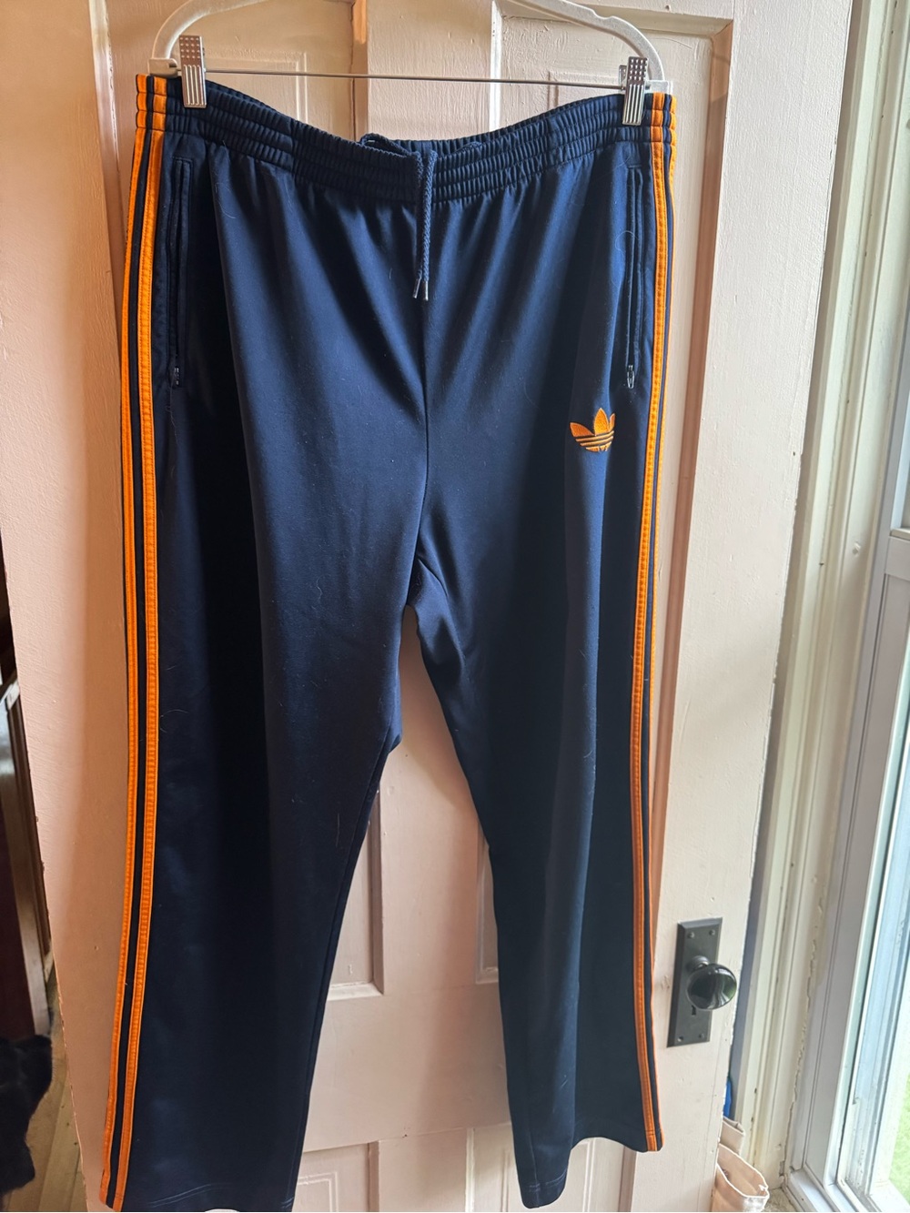 Adidas Mens Navy Track Pants with Orange Stripes